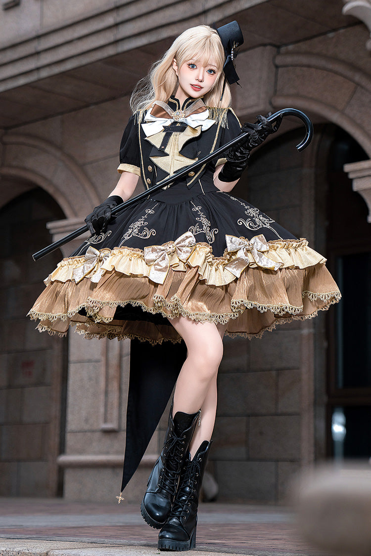 Black Gilded Oath Short Sleeves Double-Layered Ruffle Embroidery Bowknot Gothic Lolita Dress