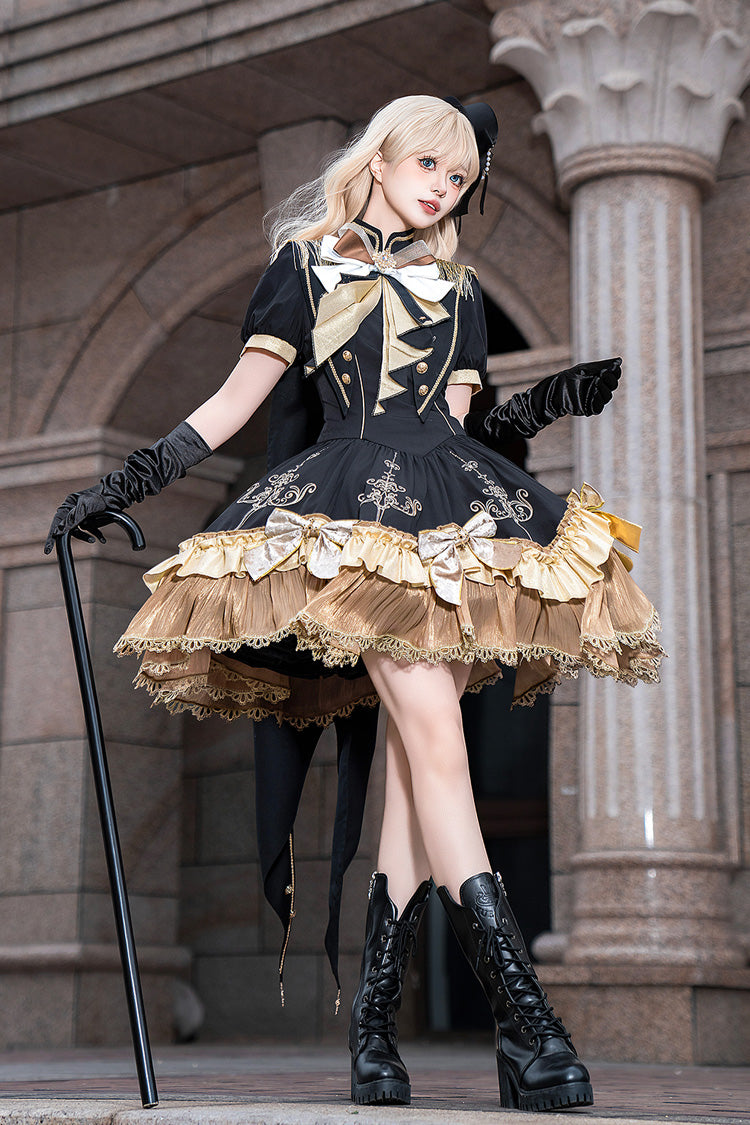 Black Gilded Oath Short Sleeves Double-Layered Ruffle Embroidery Bowknot Gothic Lolita Dress