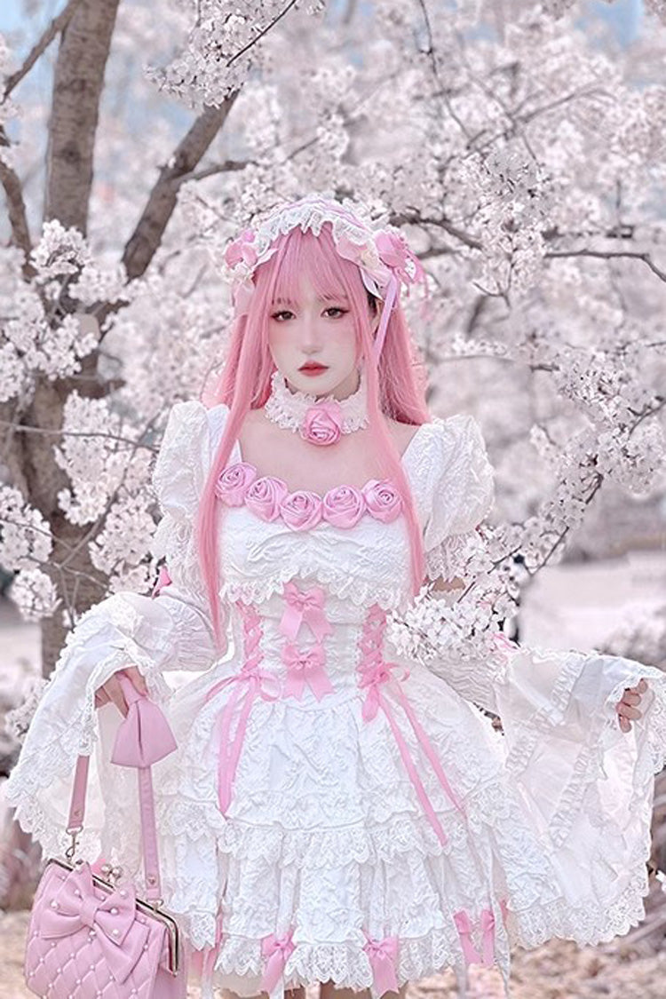 White/Pink Puff Short Sleeves Princess Gothic Lolita Tiered Dress