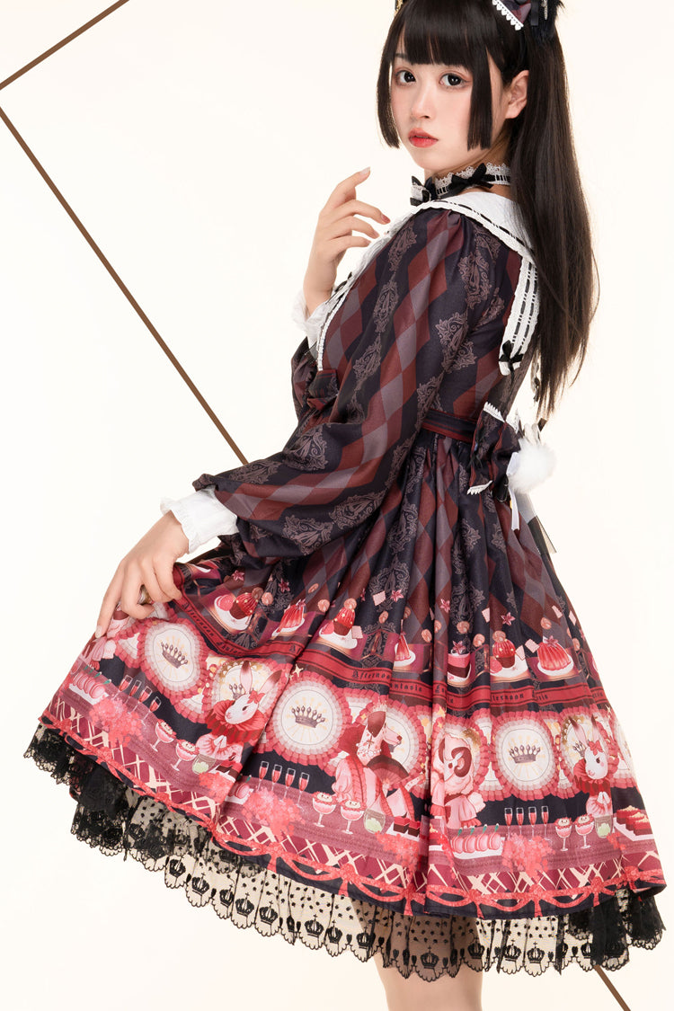 Black Afternoon Fantasia Long Sleeves Print Ruffle Bowknot Sweet Lolita Jsk Dress