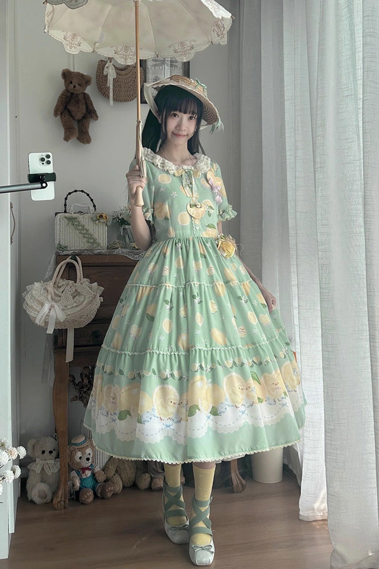 Green Lemon Chicken Short Sleeves Print Ruffle Bowknot Lace Daily Sweet Lolita Dress