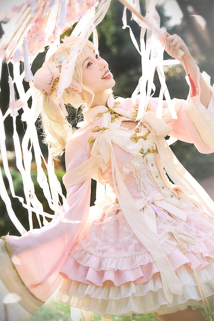 Pink White Pear Dream Multi-layer Ruffle Lace Sweet Chinese Style Princess Lolita Jsk Dress