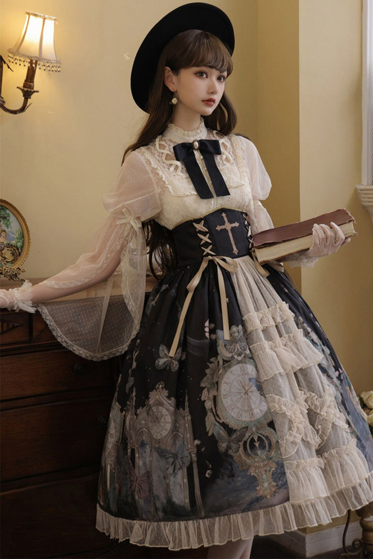 Multi-Color Cardigan Lace Ruffle Clock Butterfly Print Classic Lolita Skirt Set