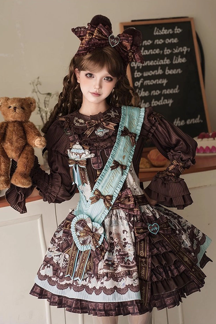 Brown Teddy Bear Chocolate Sleeveless Print Ruffle Side Cardigan Bowknot Asymmetric Sweet Lolita Strap Dress