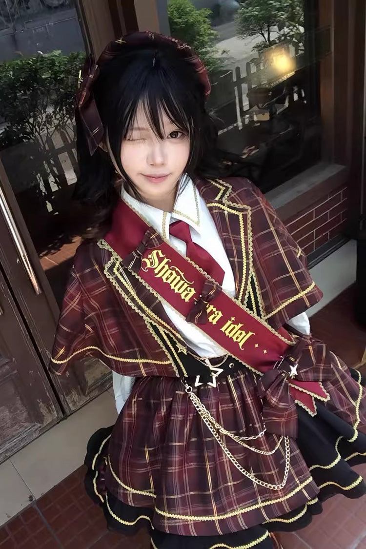 Red Shōwa Little Idol Lapel Collar Long Sleeves Ruffled Open-Front Bow Asymmetric Classic Lolita Skirt Set