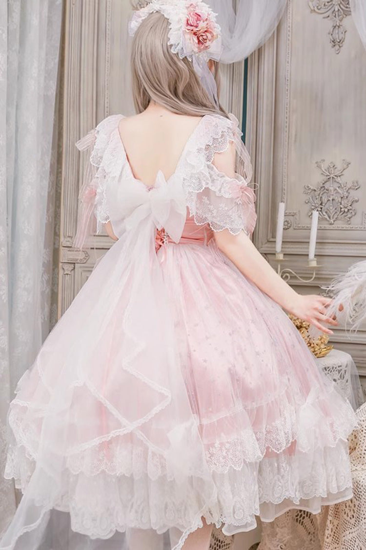 Pink Glazed Phantom Off Shoulder Ruffle Hanayome Bowknot Lace Sweet Elegant Lolita Dress
