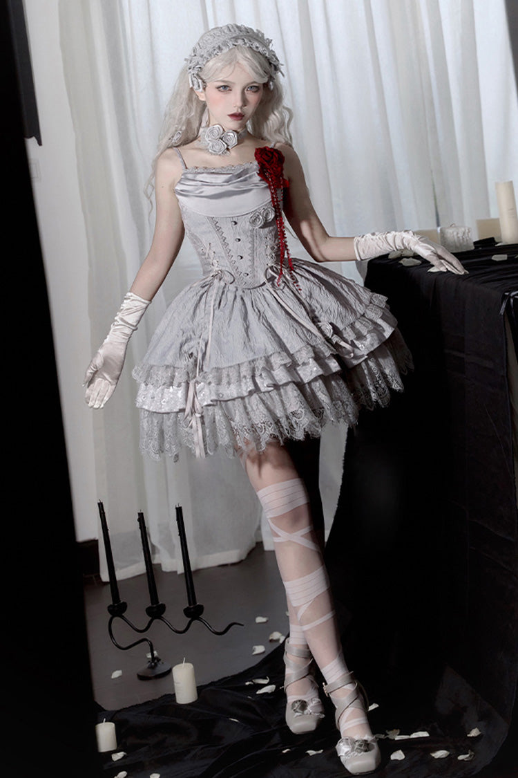 Silver Grey Twilight Multi-Layered Ruffle Hollow Lace Gothic Witch Lolita Skirt