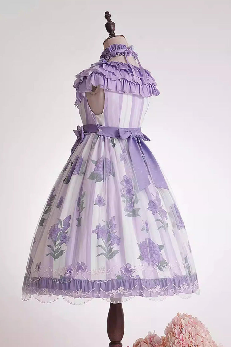 Purple Endless Summer Round Collar Sleeveless Hime Sleeves Printed Ruffled Bow Lace Sweet Lolita Dress
