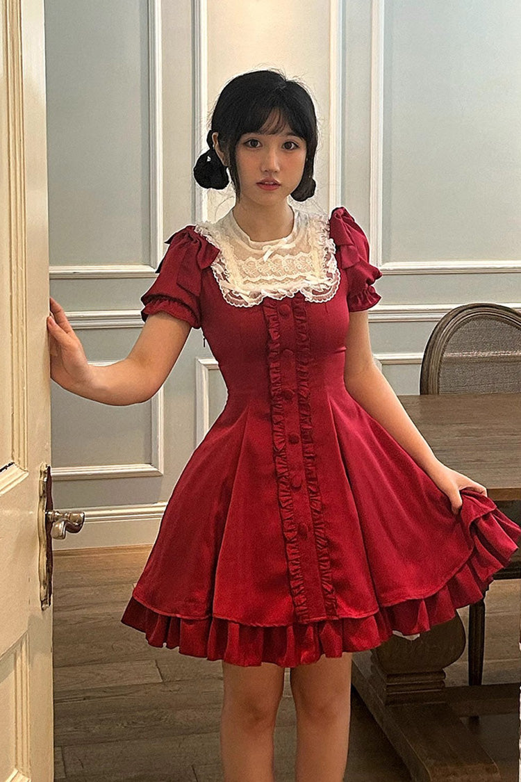Wine Red Annie's Gift Short Sleeves Bowknot Short Version Sweet Lolita Dress (Plus Size Support)