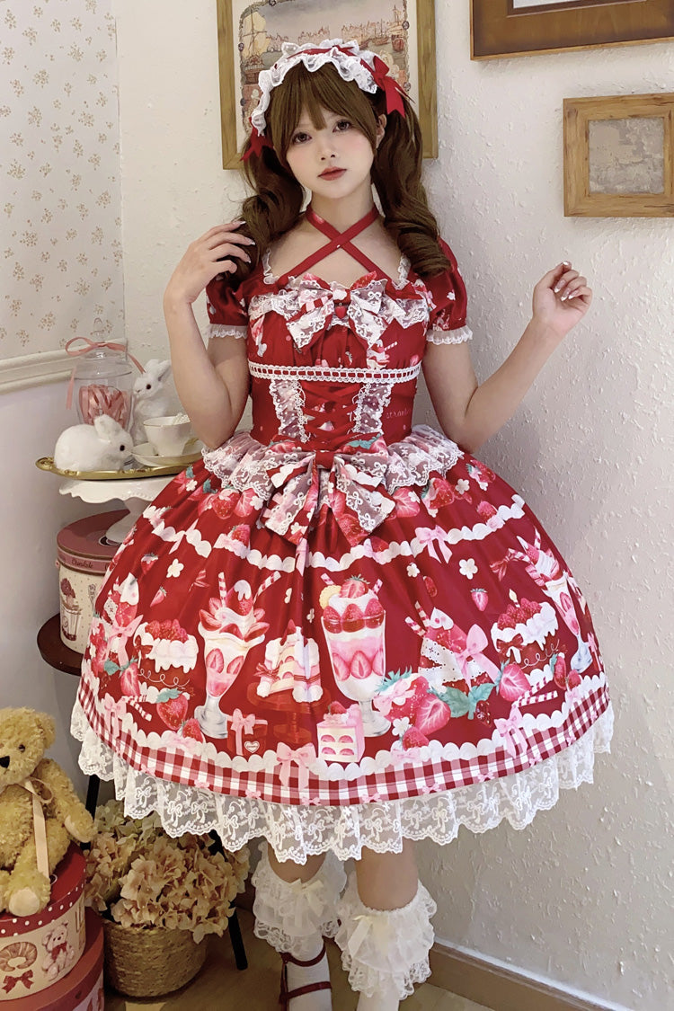Red Strawberry Parfait Print Short Sleeves Ruffle Bowknot Lace Lace-Up Sweet Lolita Dress