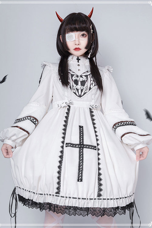 Beige Detachable High Neck Woolen Cuffs Demon Rabbit Gothic Lolita OP Dress