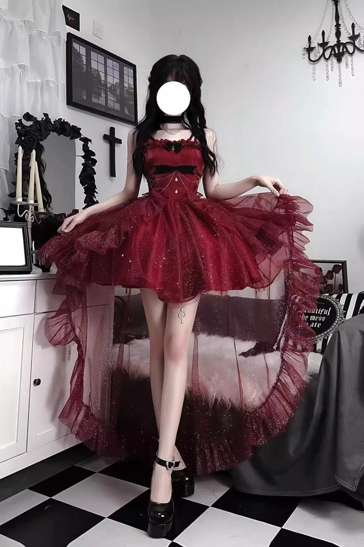 Red Shining Bowknot Irregular Sweet Princess Gorgeous Lolita Jsk Dress (Include Train)