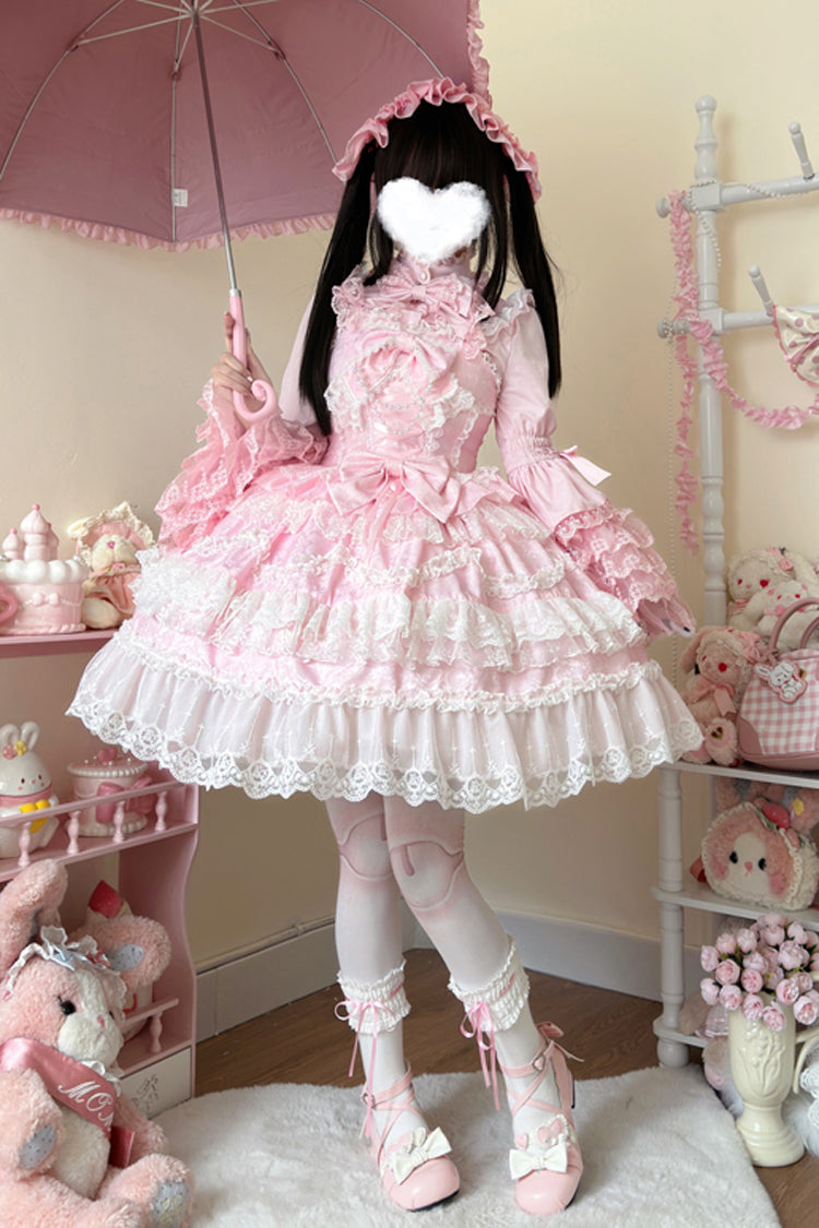 Pink Love and Heart Flutter Sleeveless Multi-Layered Ruffle Bowknot Lace Pearl Sweet Lolita Jsk Dress