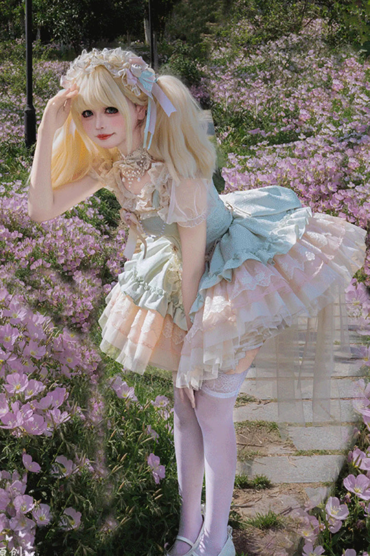 Green Fleeting Light and Shallow Dream Sleeveless Multi-Layered Ruffle Bowknot Lace Slim Sweet Ballet Lolita Jsk Dress