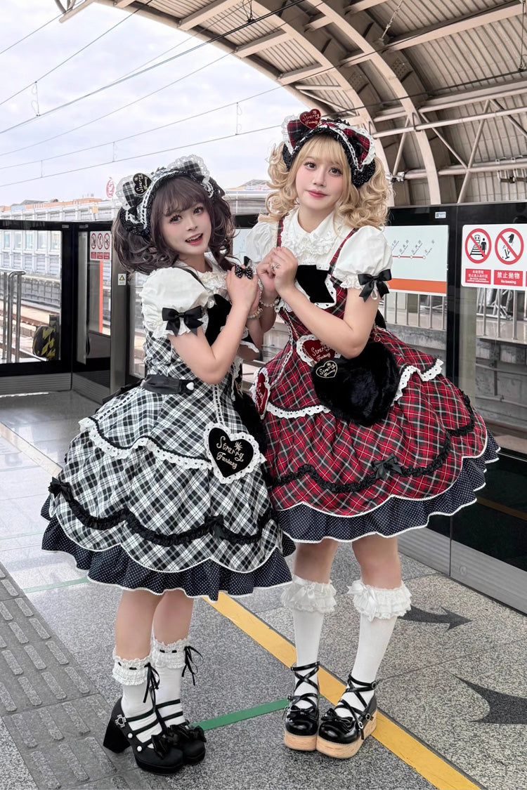 Black/White Shibuya Sweetheart Sleeveless Plaid Print Ruffle Bowknot Sweet Lolita Jsk Dress (Plus Size Support)