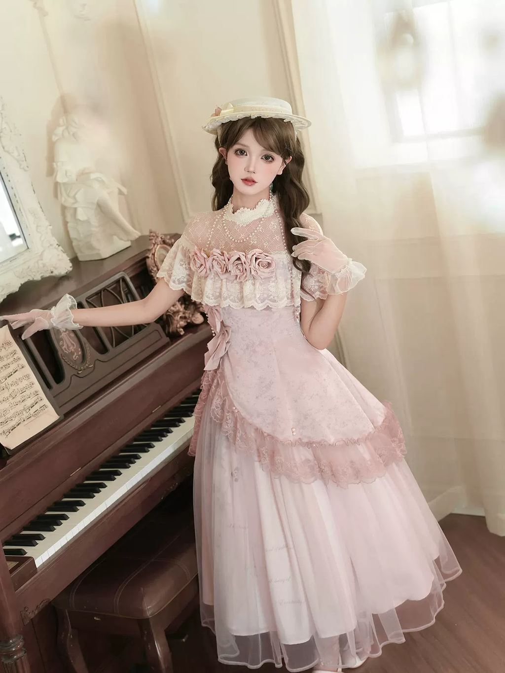 Pink Floral Mesh Lace Ruffled Rose Sweet Princess Vintage Lolita Dress