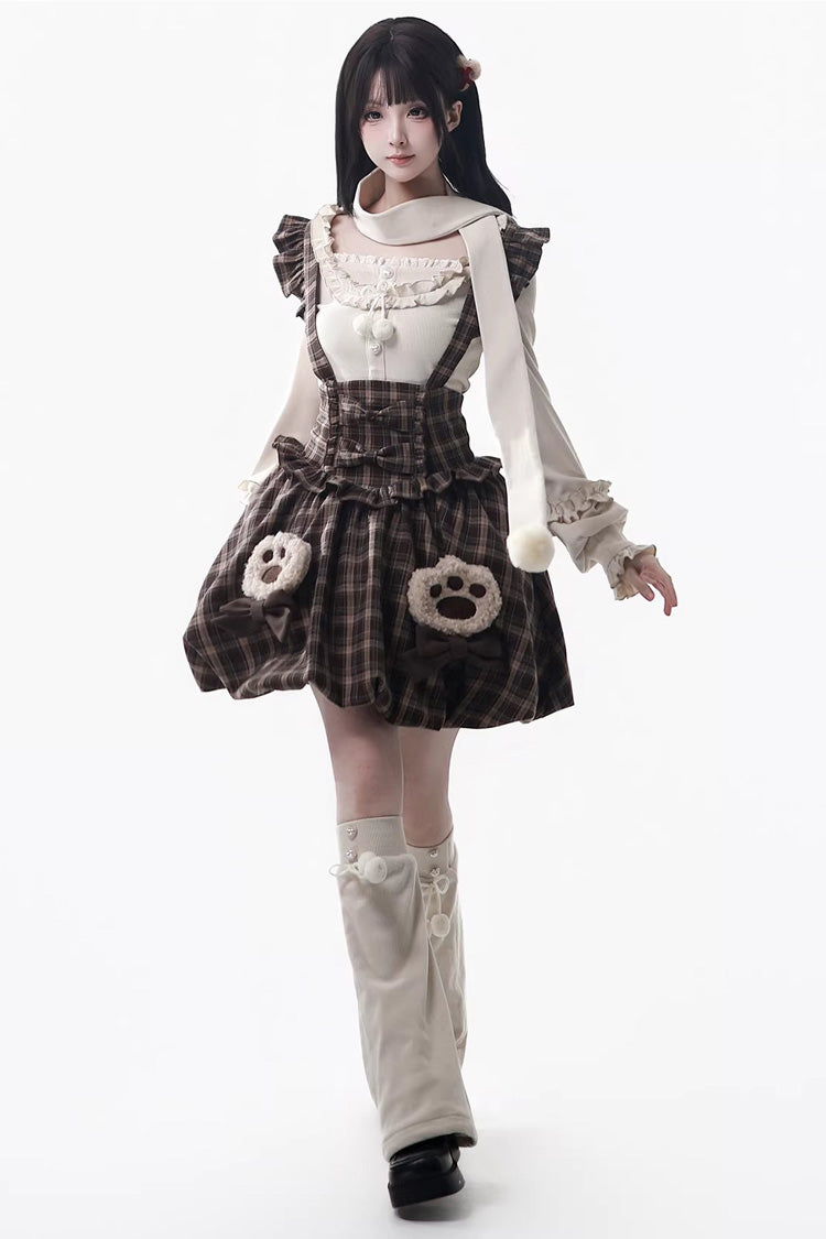 Brown Fluffy Little Bear Plaid Printed Ruffled Bow Sweet Lolita Strap Dress
