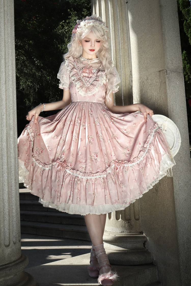 Daydream Rose Short Sleeves Floral Jacquard Print Ruffle Embroidery Bowknot Sweet Lolita Dress 3 Colors