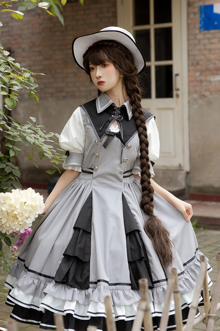 Gray Steel Rose Ruffle Bowknot Vintage Elegant Princess Lolita Dress