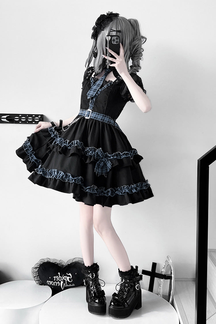 Black Dark Night Starlight Chain Ruffle Bowknot Lace Buckle Gothic College Style Lolita Dress Set