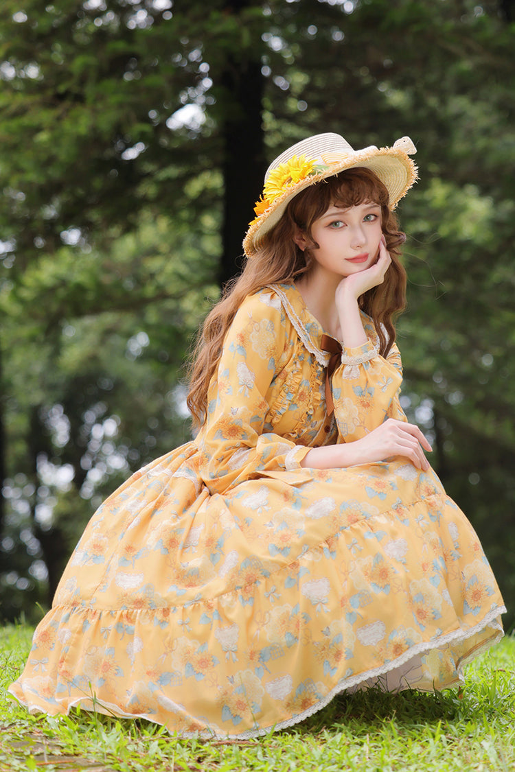 Yellow Gardening Sunflower Long Sleeves Print Ruffle Bowknot Sweet Elegant Lolita Dress