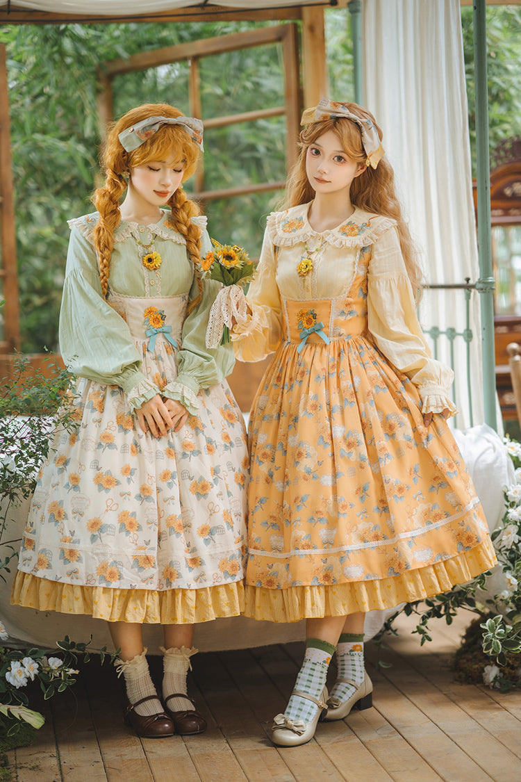 Yellow Gardening Sunflower Sleeveless Print Ruffle Bowknot Sweet Elegant Uplift Lolita Jsk Dress