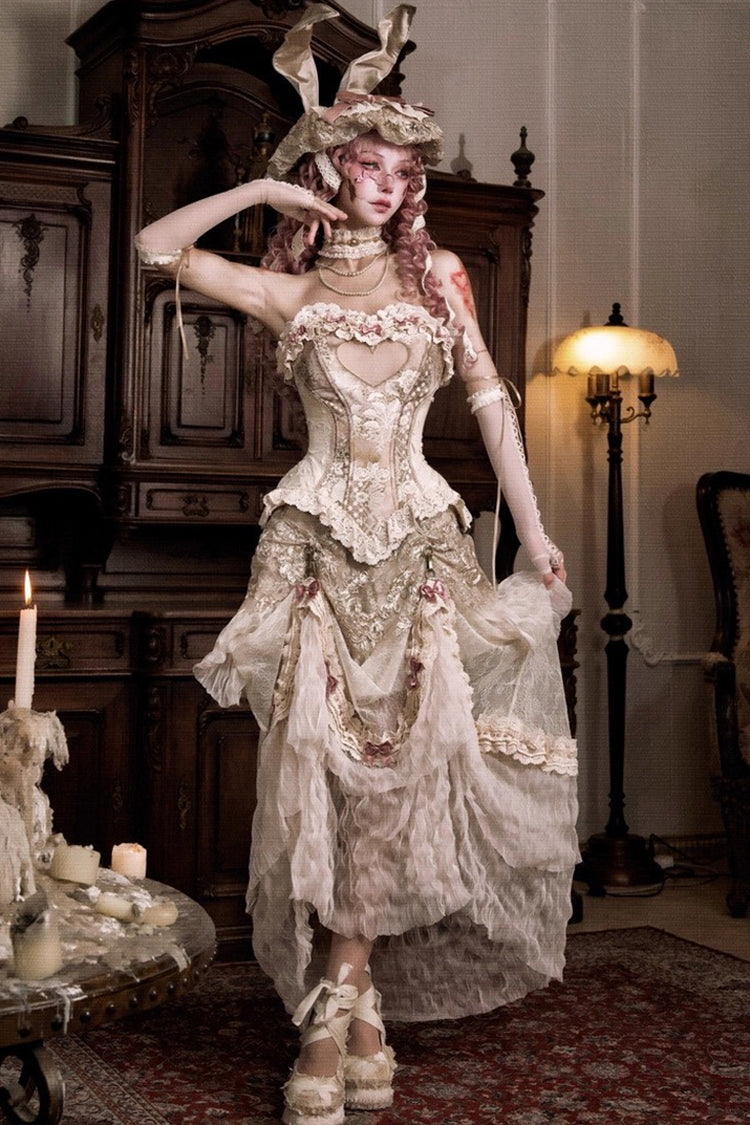 Light Brown Cupid's Poetry Box Ruffle Embroidery Bowknot Lace Classic Elegant Lolita Long Skirt