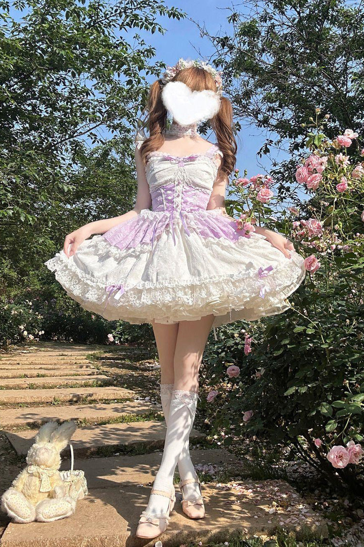 Purple Leiffu Sleeveless Ruffle Bowknot Lace Lace-Up Sweet Ballet Lolita Jsk Dress