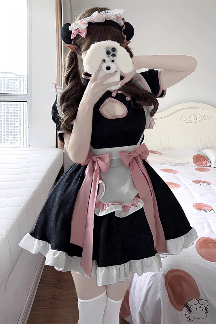 Black Short Sleeves Ruffle Love Hollow Bowknot Sweet Plus Size Chinese Style Lolita Dress Full Set