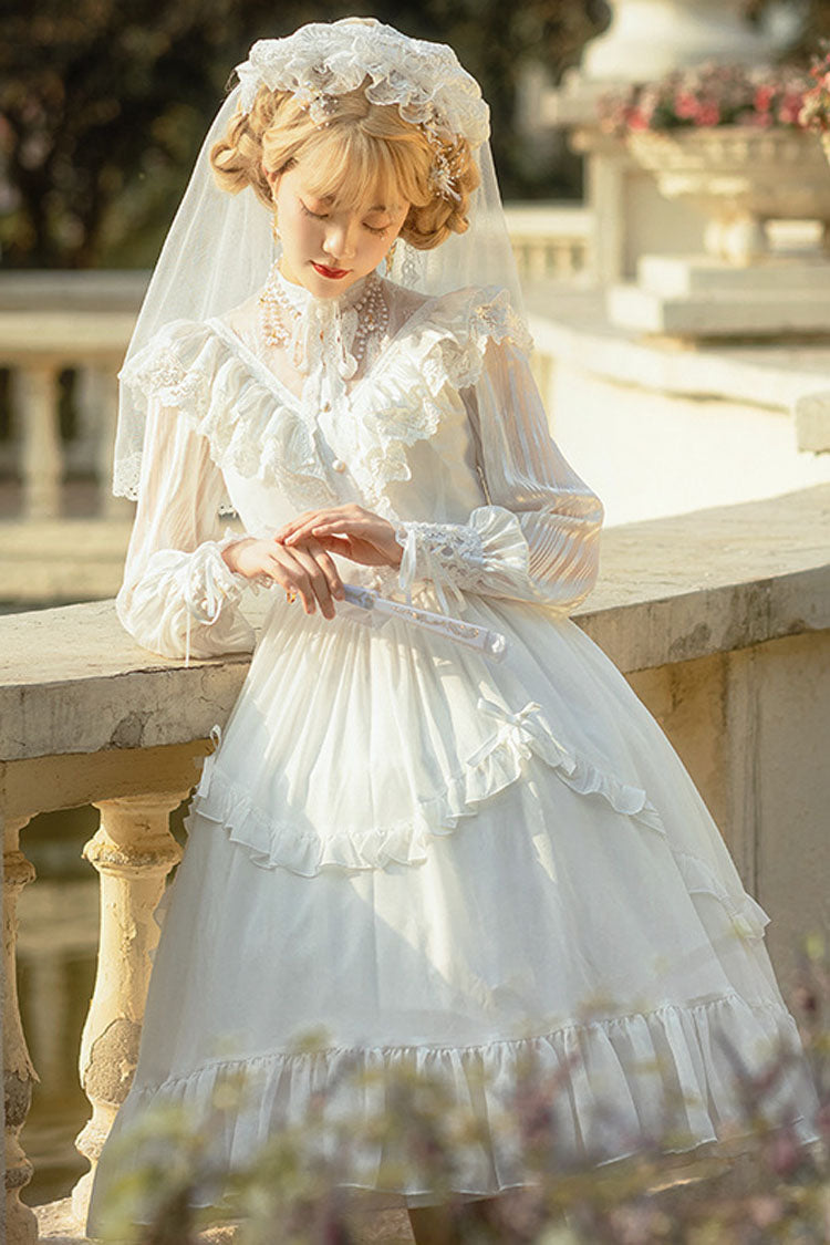 White Hollow V Neck Long Sleeves Bowknot Hanayome Ruffled Gothic Lolita Dress