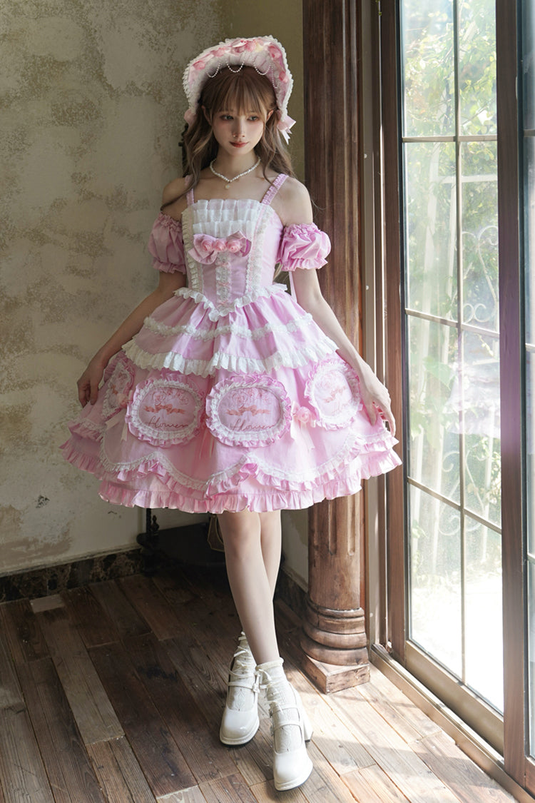 Pink Butterfly Dream Multi-Layered Print Ruffle Bowknot Sweet Princess Lolita Jsk Dress