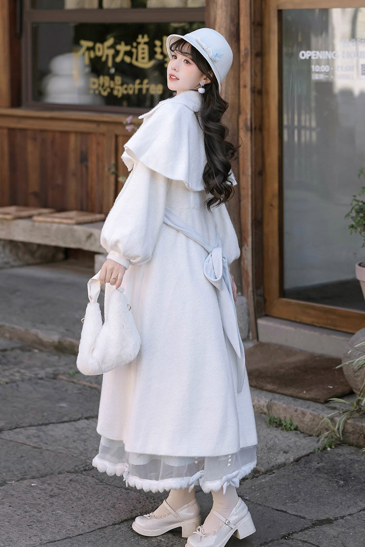 White/Blue Sunny Sky Snow Doll Long Sleeves Embroidered Bow Sweet Elegant Lolita Skirt Coat Set