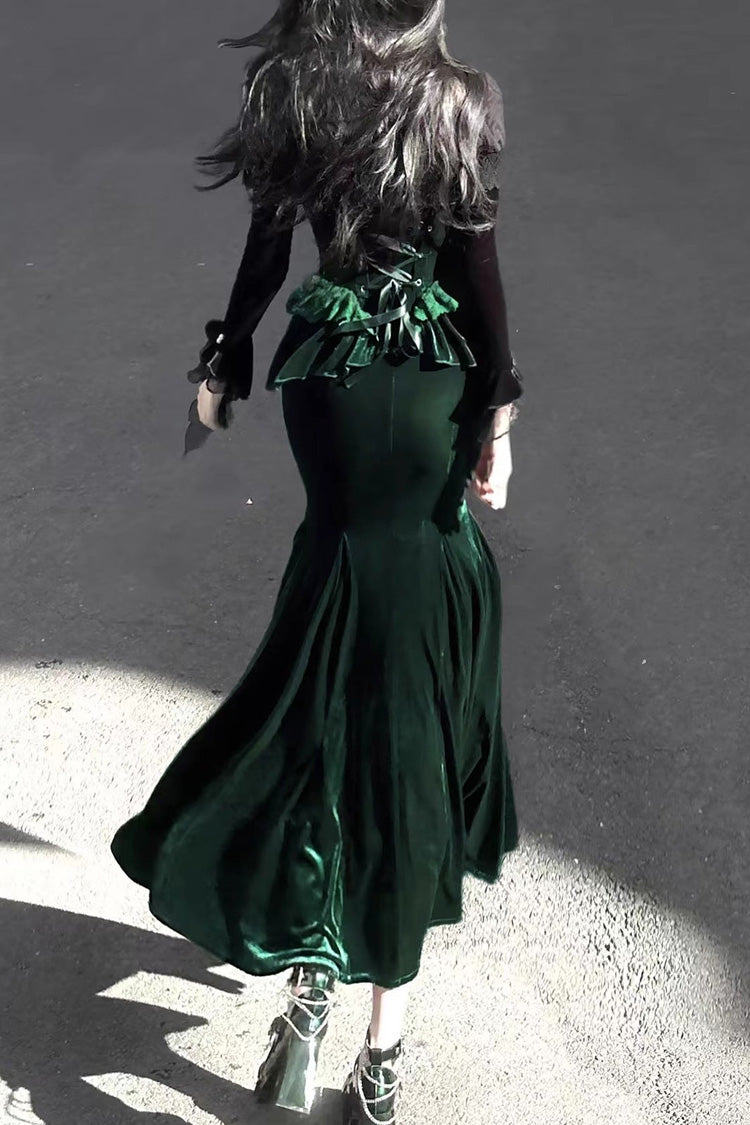 Green Dark Forest Ruffle Embroidery Slim Elegant Lolita Jsk Fishtail Dress