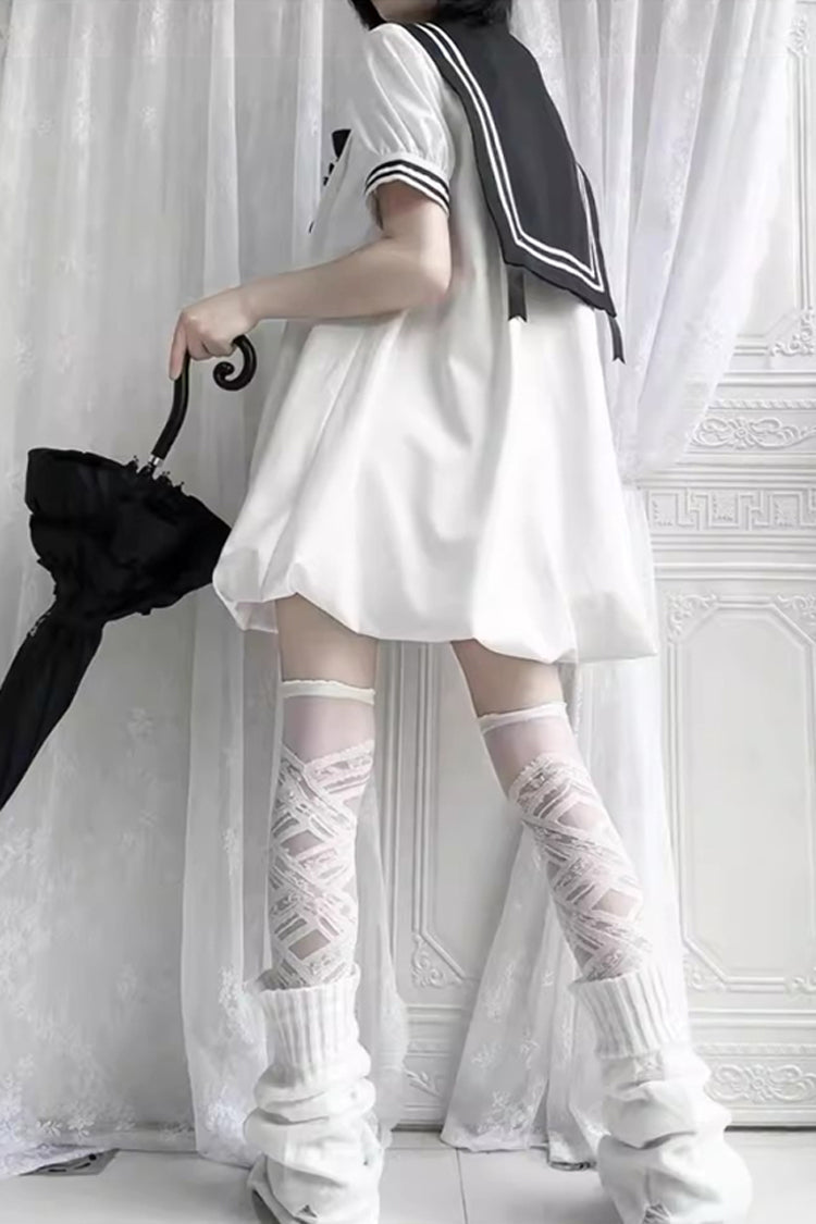 Black/White Old Stories Navy Collar Short Sleeves Bowknot Sweet Lolita Dress