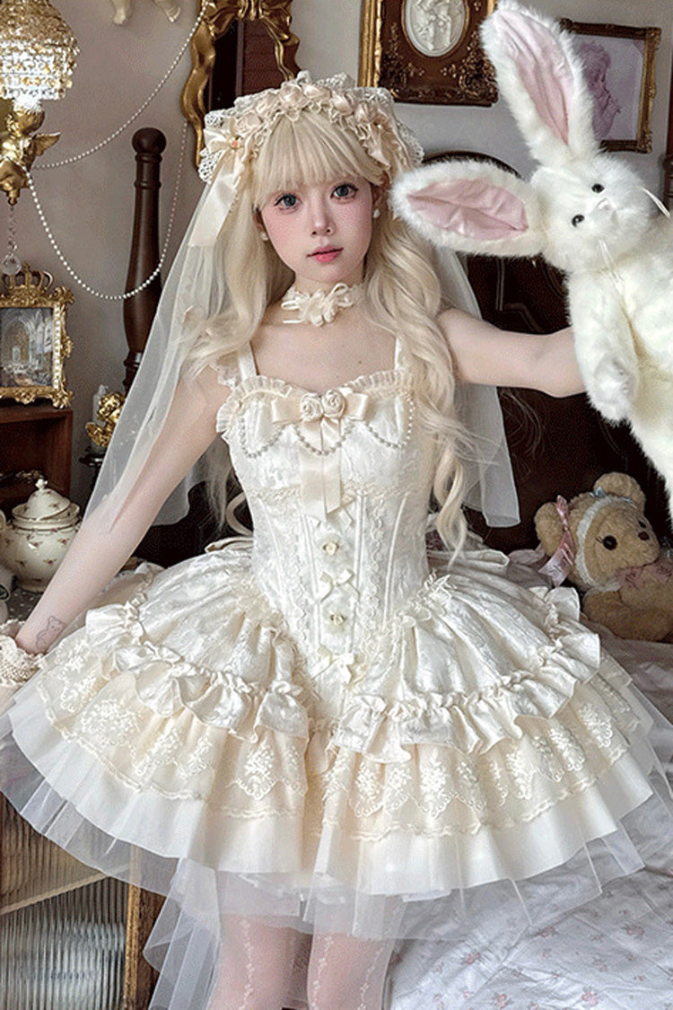 Ivory Sleeveless Multi-Layered Ruffle Bowknot Lace Lace-Up Sweet Princess Lolita Jsk Dress