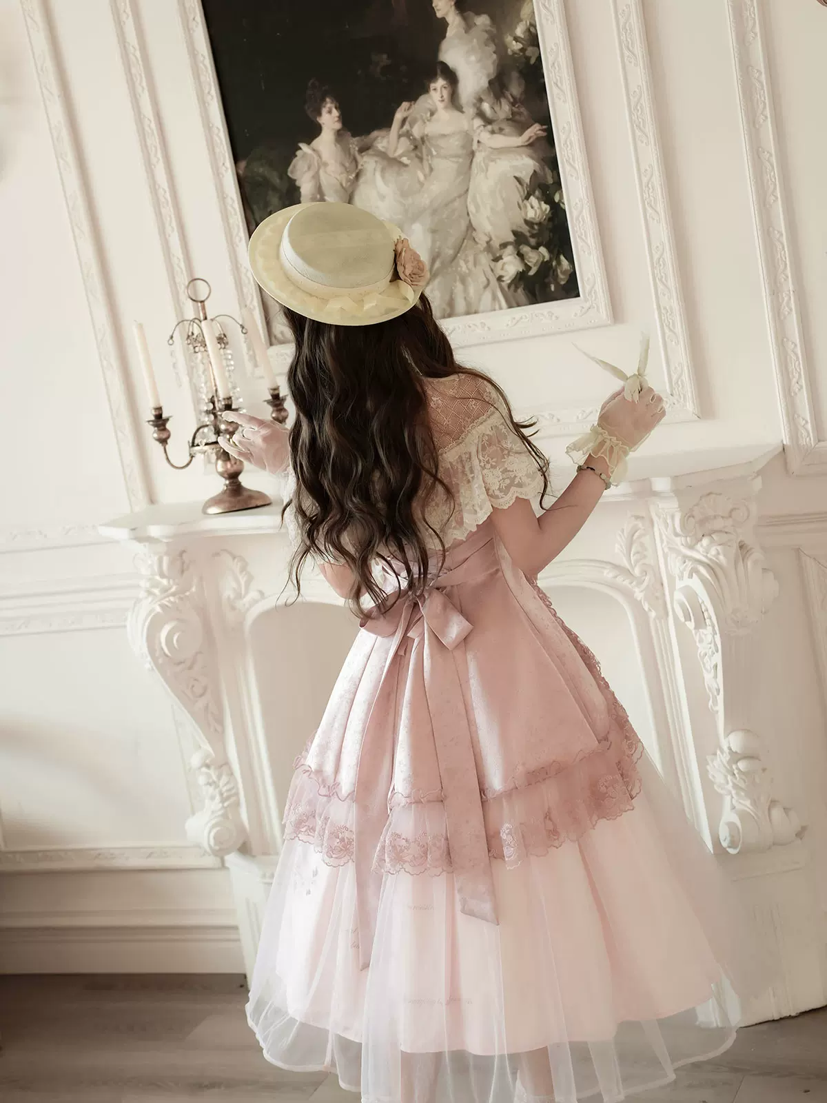 Pink Floral Mesh Lace Ruffled Rose Sweet Princess Vintage Lolita Dress