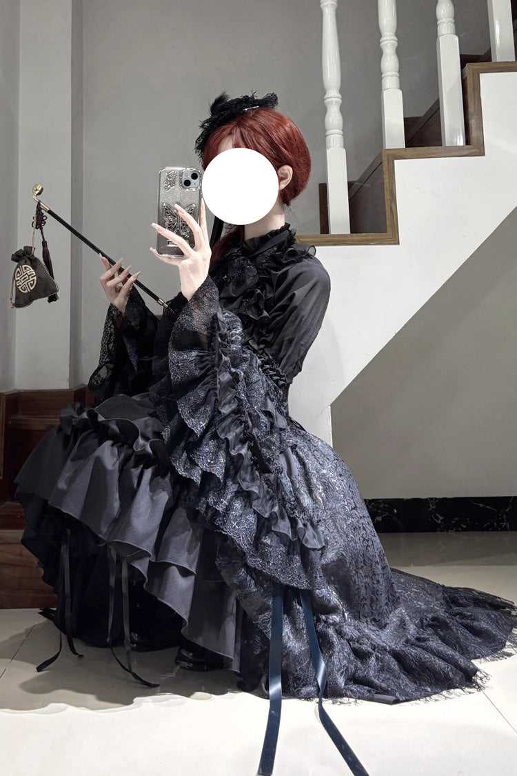 Black Eternal Taboo Long Hime Sleeves Ruffled Bow Gothic Lolita Skirt Dress Set