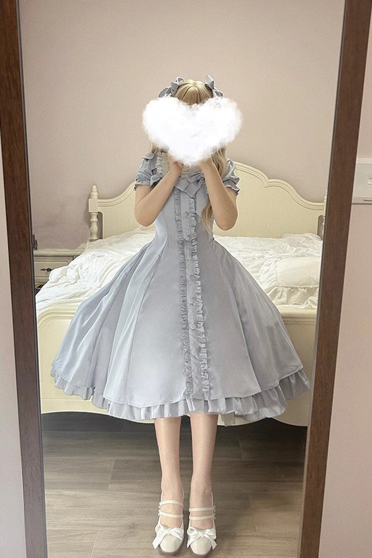 Light Blue Annie's Gift Short Sleeves Bowknot Sweet Lolita Dress (Plus Size Support)