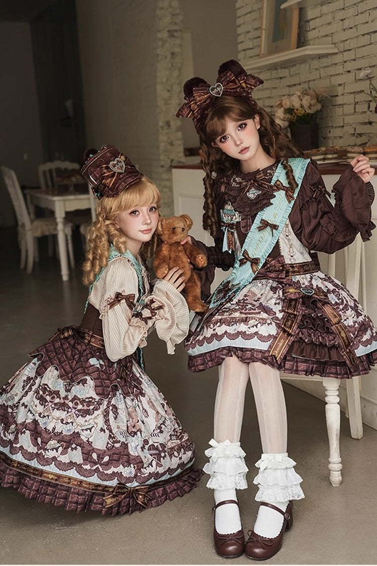 Brown Teddy Bear Chocolate Sleeveless Print Ruffle Bowknot Sweet Lolita Jsk Dress