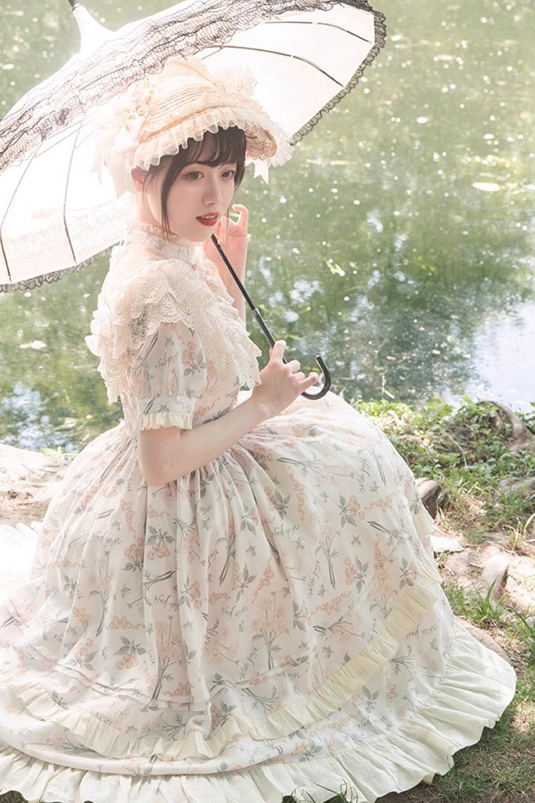 Multi-Color Daisy Print Cherry Embroidery Edwardian Collar Short Sleeves Sweet Lolita Dress