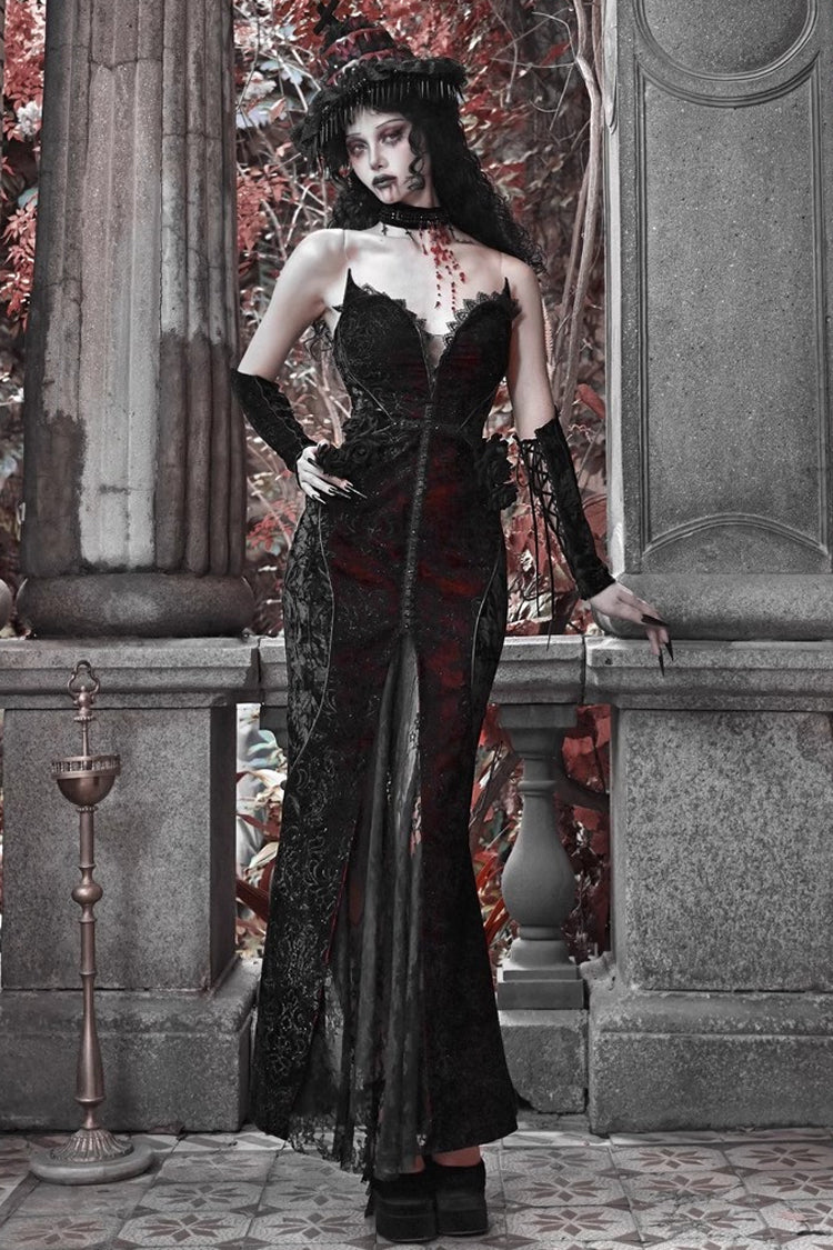 Black/Red Scarlet Blood Peak Sleeveless High Waisted Ruffle Embroidery Lace Gothic Lolita Fishtail Dress