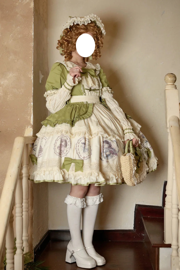 Green Little Ida's Flowers Short Sleeves Print Ruffle Bowknot Sweet Lolita Dress
