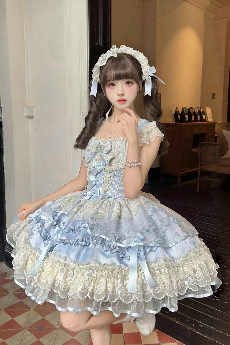Blue Dreaming Butterfly Multi-Layered Jacquard Ruffle Bowknot Lace Sweet Princess Lolita Jsk Dress