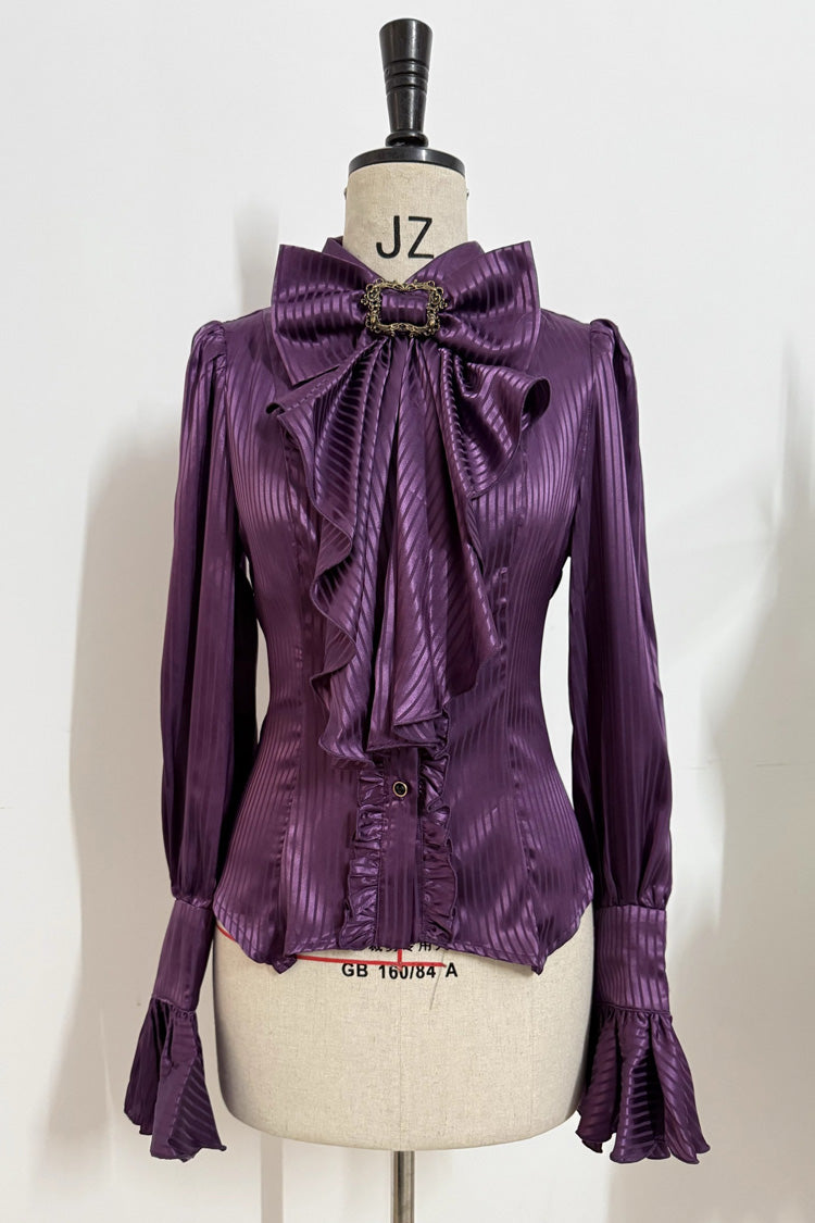 Moonstone Lapel Collar Long Sleeves Vertical Striped Print Ruffle Ouji Gothic Prince Lolita Blouse 3 Colors