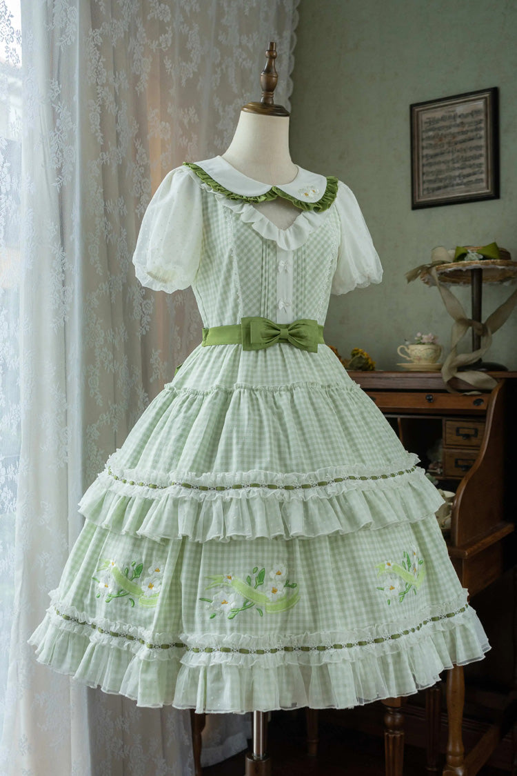 Green Doll Collar Short Sleeves Plaid Print Ruffle Hollow Embroidery Bowknot Sweet Elegant Lolita Dress