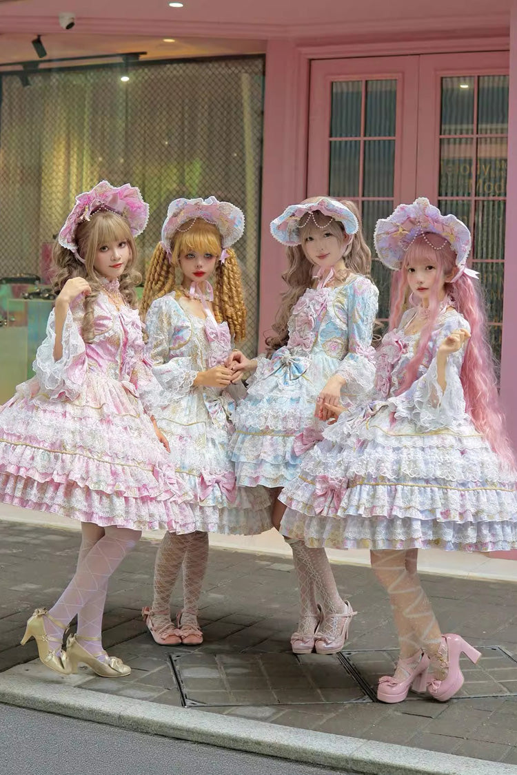 Apricot Candlelight Elegance Long Trumpet Sleeves Multi-Layered Ruffle Bowknot Lace Sweet Elegant Lolita Dress