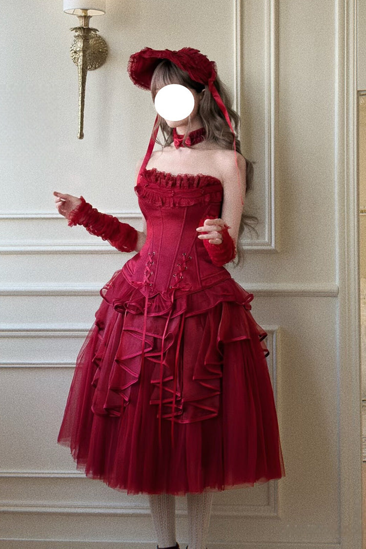 Red The Summer Waves Sparkle Square Collar Sleeveless Multi-Layered Ruffled Bow Lace-Up Slim Classic Lolita Skirt Set