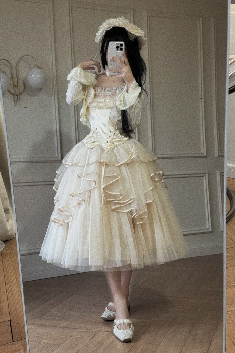 Ivory The Summer Waves Sparkle Square Collar Sleeveless Multi-Layered Ruffled Bow Lace-Up Slim Sweet Lolita Skirt Set