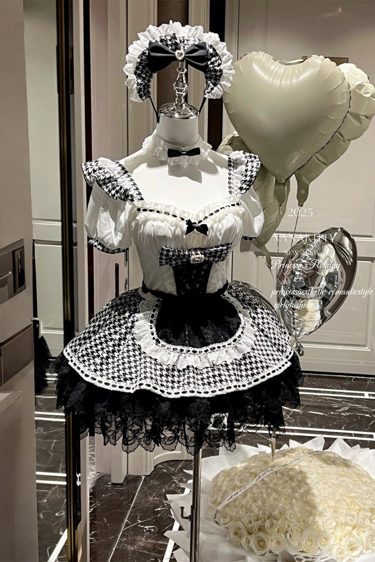 Black/White Lovely Houndstooth Square Collar Short Sleeves Print Ruffle Bowknot Lace Maid Sweet Lolita Dress