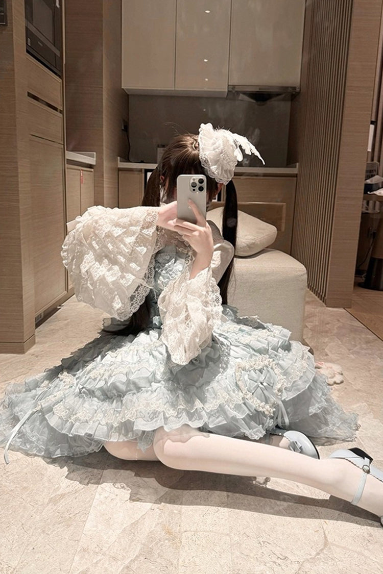Blue Sweetheart Diary Multi-Layered Ruffle Hanayome Embroidery Bowknot Lace Sweet Lolita Jsk Dress